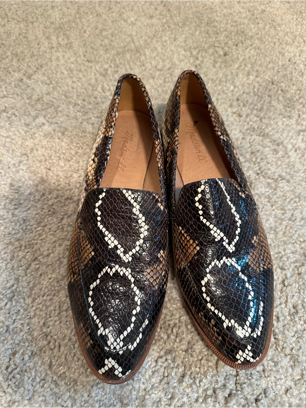 Madewell Black, Brown and Cream Snake-Print Pointed Loafers